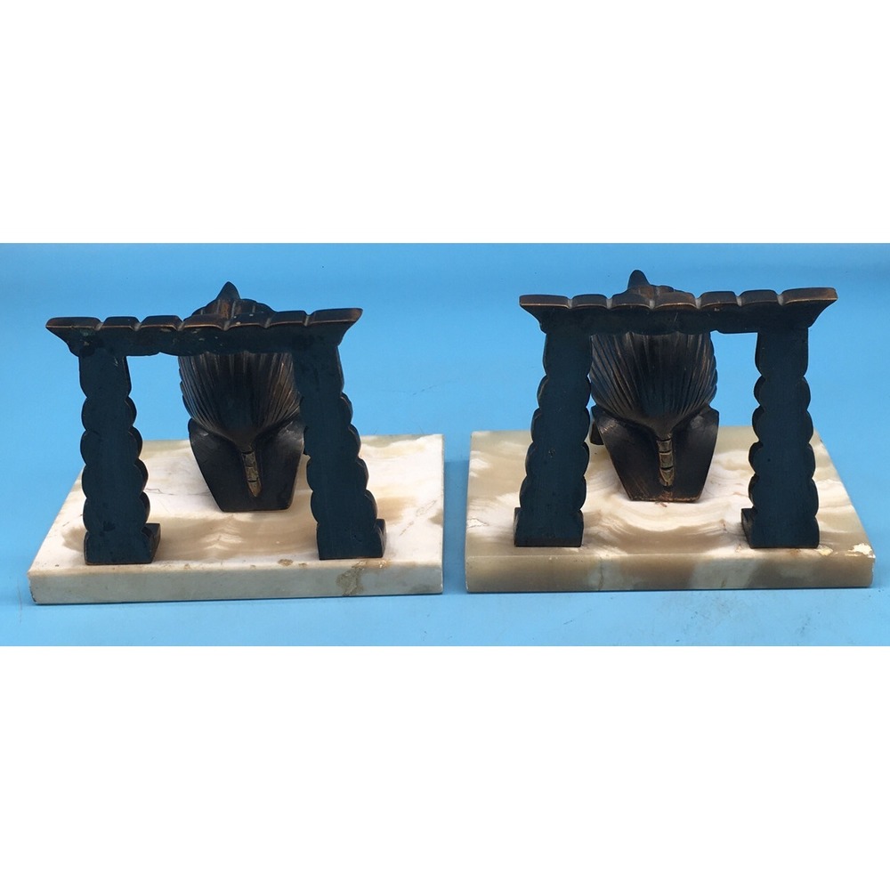 Brass Egyptian head Bookends On Blond Marble Base - Picture 8 of 10